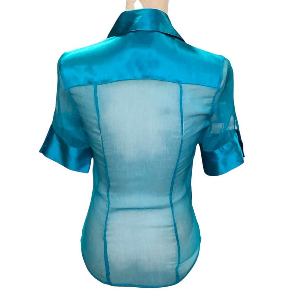 Marciano 100% Silk Sheer Panel Ocean Blue Short Sleeve Blouse, Size XS Y2K 90s - Picture 7 of 11